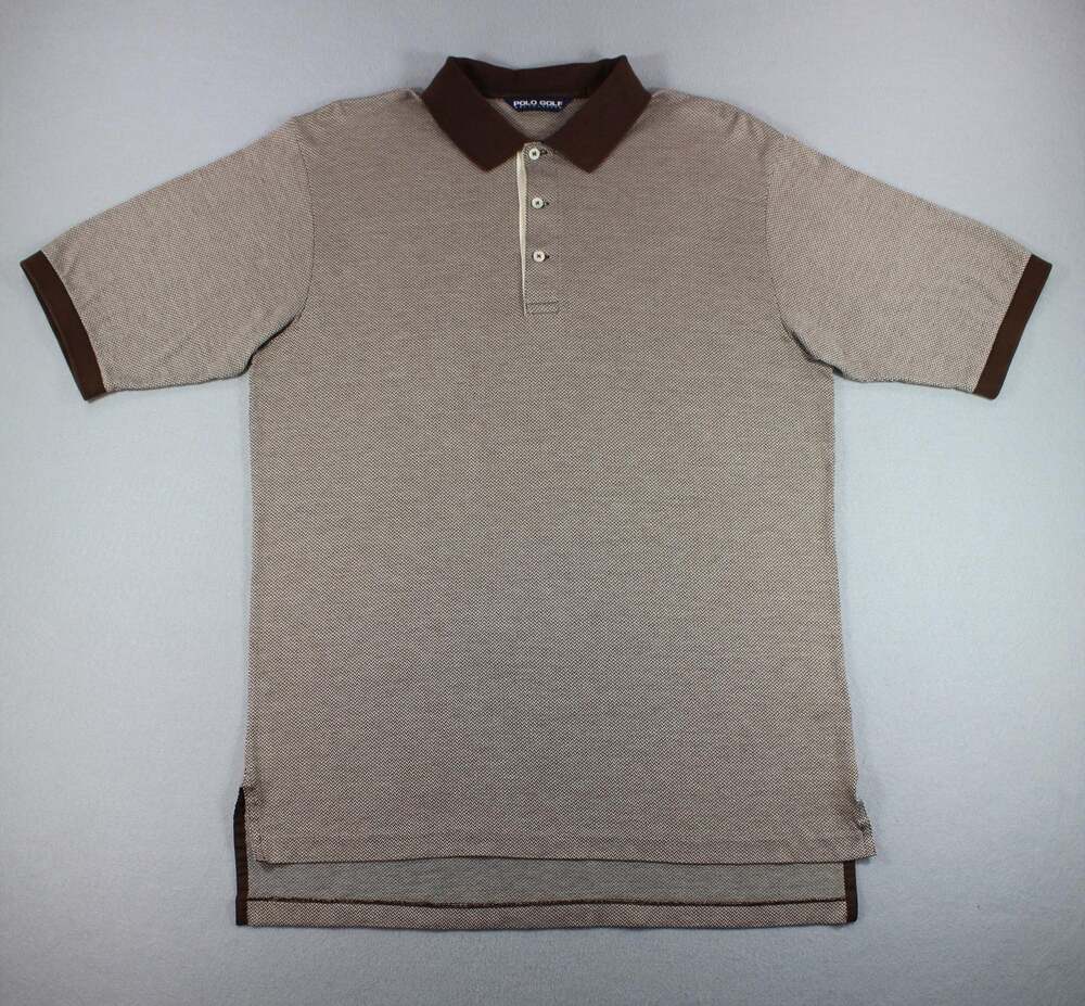 Ralph Lauren Polo Shirt Mens L Brown Herringbone Cotton Golf Knit Short Sleeve